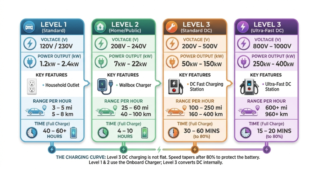 A comprehensive EV charging levels comparison table. This electric vehicle guide shows Level 1, Level 2, and Level 3 (Standard and Ultra-Fast DC) specifications, including voltage, power output, range per hour, and charging time on a clean white background.