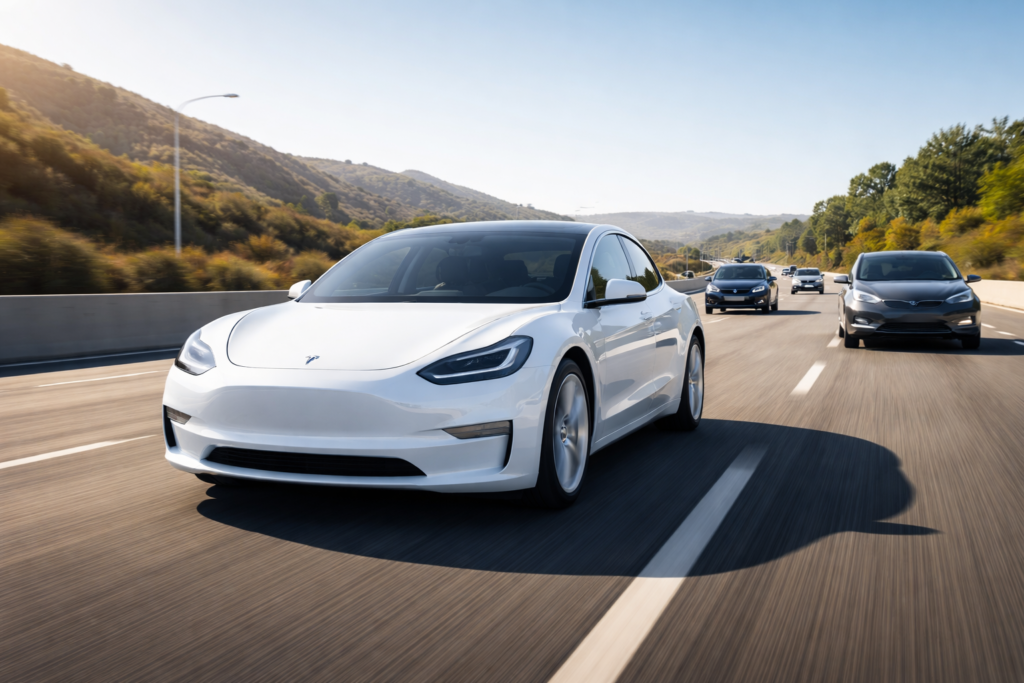 A white Tesla Model 3 and other electric vehicles driving on a sunny highway, representing a modern EV lifestyle.