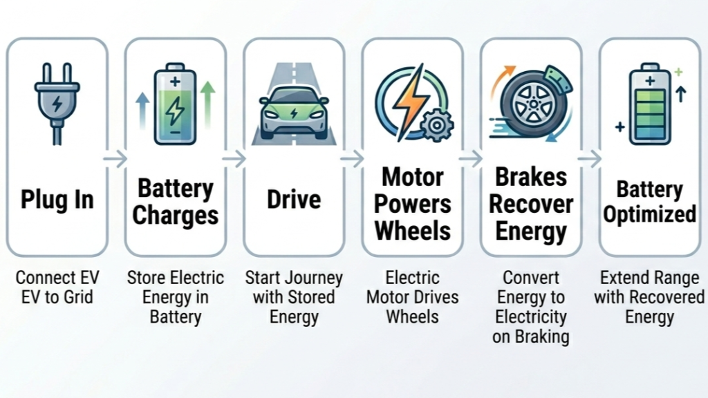 A step-by-step diagram of the EV regenerative braking process. This electric vehicle guide illustrates the cycle from plugging in and battery charging to driving, motor power delivery, energy recovery during braking, and battery optimization for extended range.